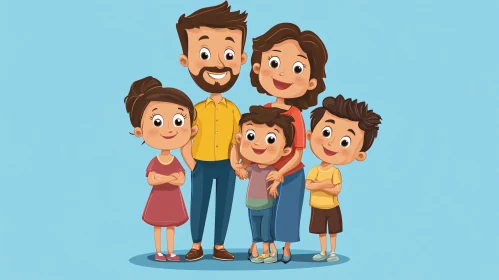 Cartoon Family Portrait with Smiling Children