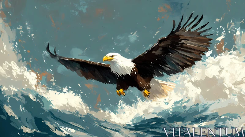 Eagle in Flight Above Sea