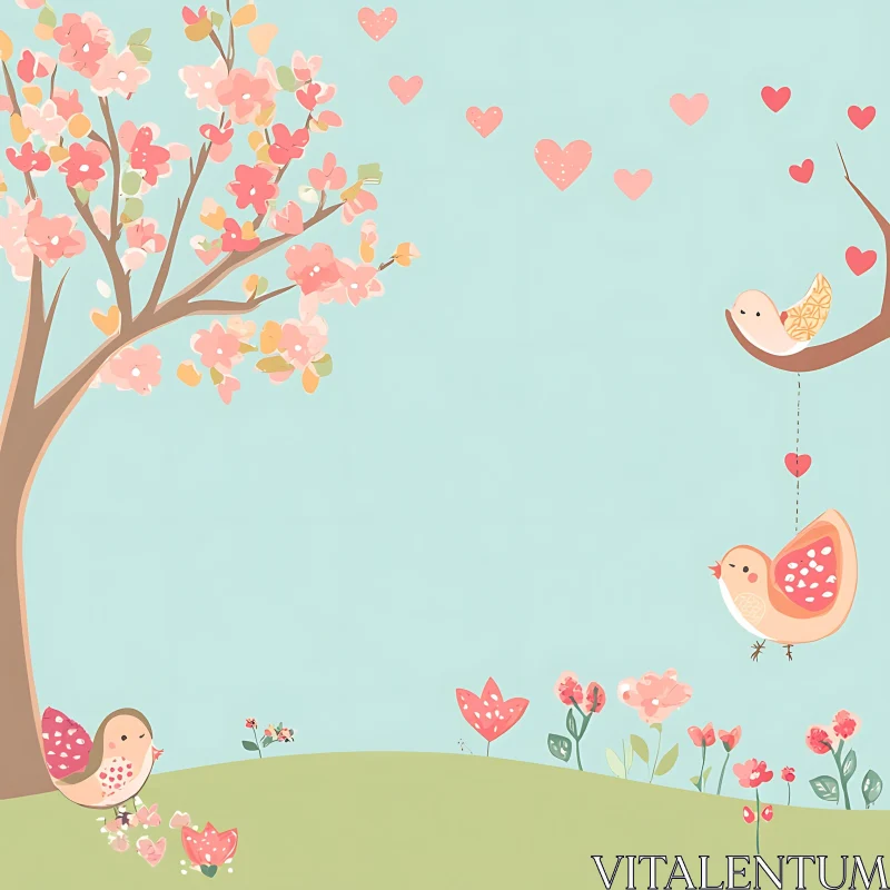 Whimsical Bird and Flower Illustration AI Image