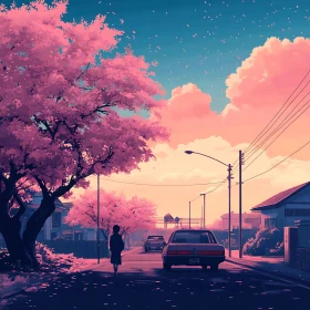 Anime Style Pink Trees Street View