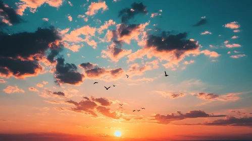 Serene Sunset Sky with Birds Silhouettes