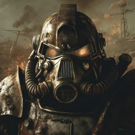 Rusty Power Armor in Apocalyptic Landscape