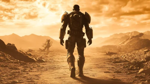 Armored Figure in Desert Landscape