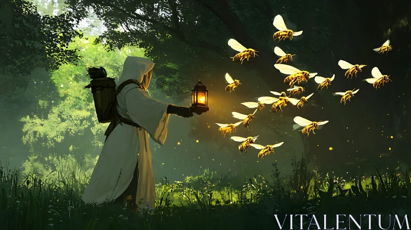 Enchanted Forest Scene with Glowing Bees