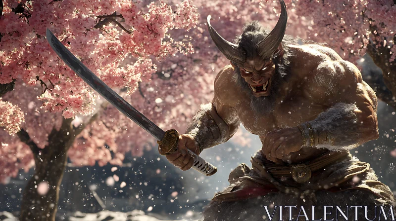 Horned Demon Samurai in Spring
