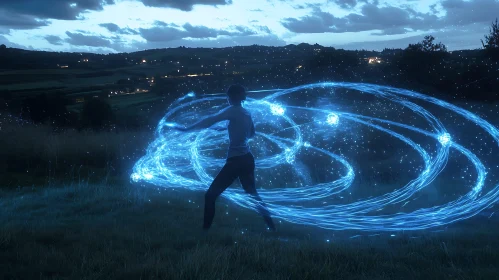 Mystical Woman in Field with Blue Magic