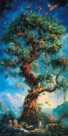 Animals and Birds around Tree