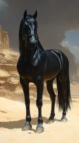 Elegant Black Horse in Sunlit Desert