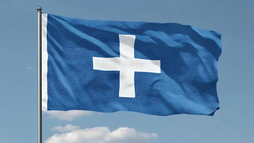 Waving Blue Flag with Cross Design