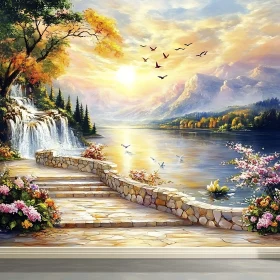 Serene Lake Sunset with Lush Garden and Waterfall
