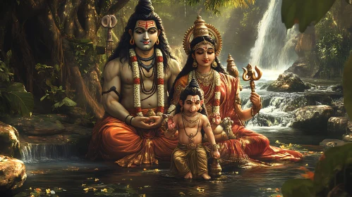 Hindu Gods and Child by Waterfall