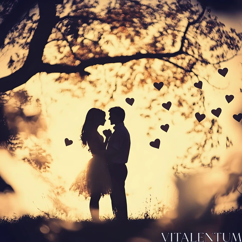 Silhouette Couple Under Heart Tree Sunset