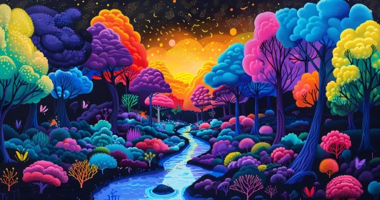 Rainbow Trees and River Fantasy Art