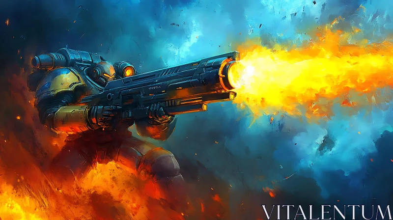 Robot Warrior in Action with Energy Weapon AI Image
