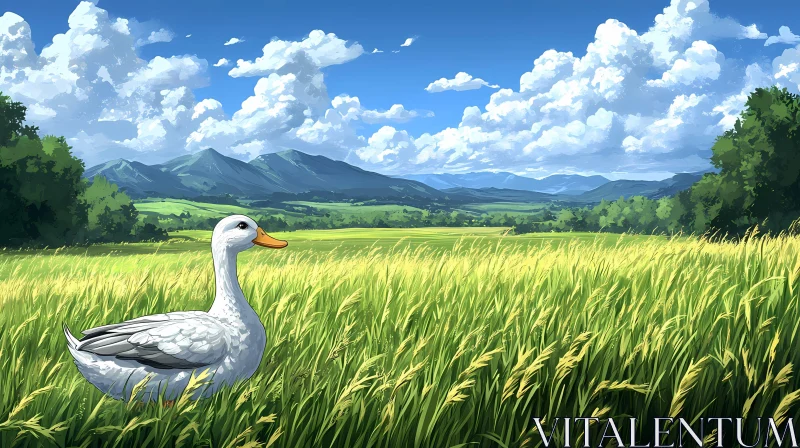 Duck in Serene Field AI Image