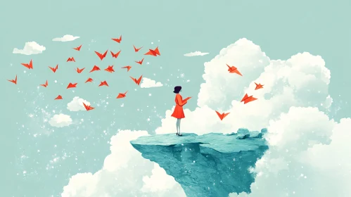 Origami Birds Flying in the Sky