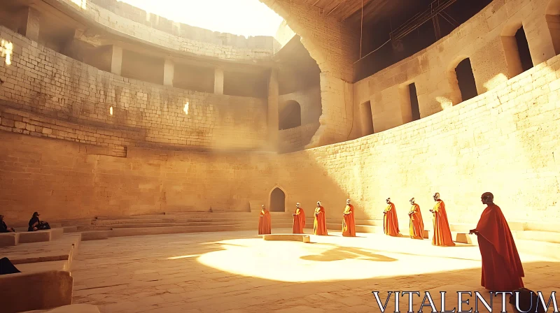 Monks in Stone Building AI Image