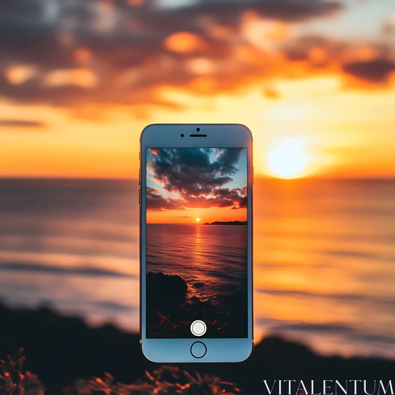 Smartphone Capturing Sunset Over Sea