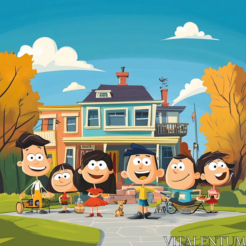 Animated Family Scene Near House AI Image