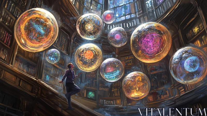 Mystical Library with Glowing Orbs AI Image