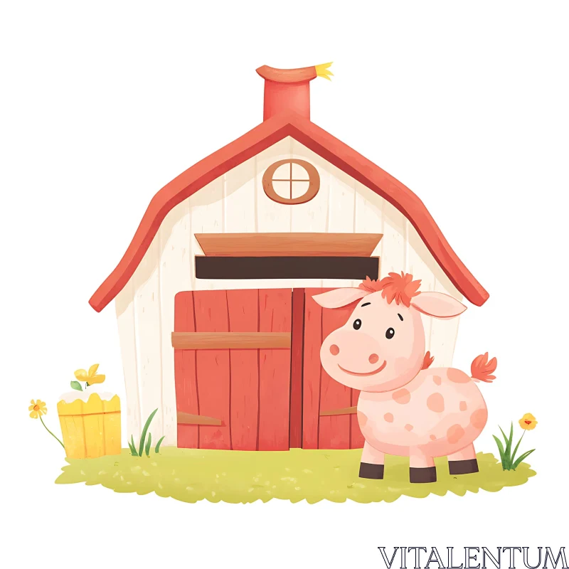 Farmyard Cartoon with Cow and Barn