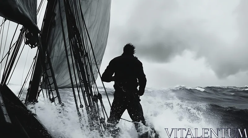 Monochrome Seascape: Sailor vs. Storm