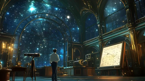 Man Stargazing in Observatory