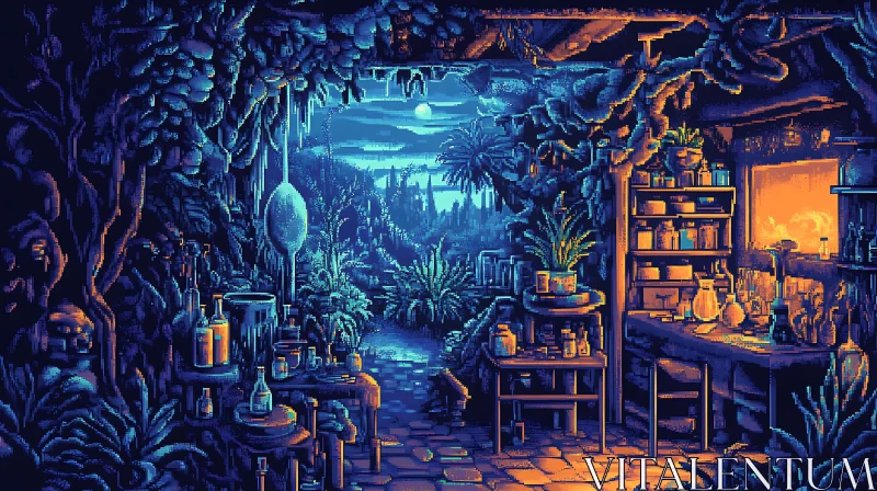 Blue Pixel Art: Indoor Garden View