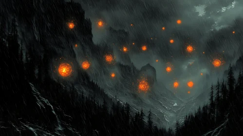 Gloomy Mountainous Landscape with Glowing Spheres