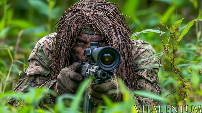 Hidden Sniper with Rifle in Lush Foliage AI Image