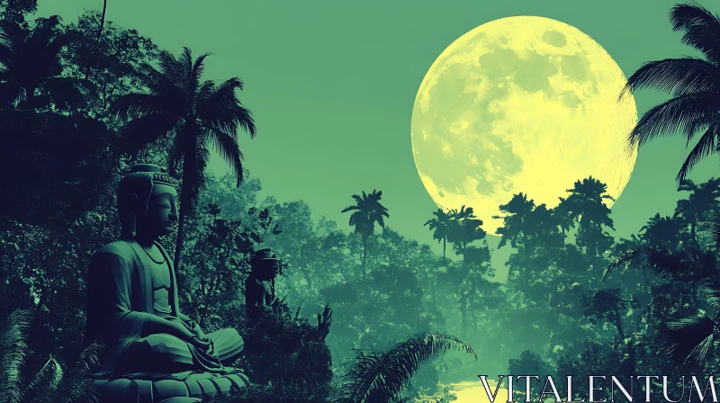 Jungle Buddha Statue With Full Moon