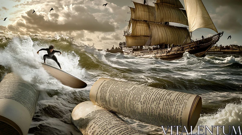 Surfer, Ship, and Scrolls in Ocean Art