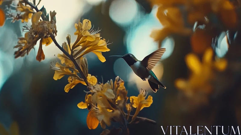Flight of the Hummingbird Near Blooms