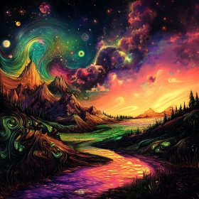 Fantasy River Through Mountains Painting