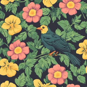 Floral Bird Illustration with Botanical Pattern