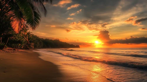 Tranquil Beach Sunset with Palm Trees