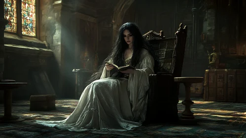 Dark Haired Woman Reading in Castle