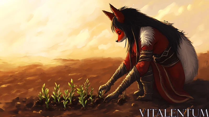Anthropomorphic Fox Planting Seedlings
