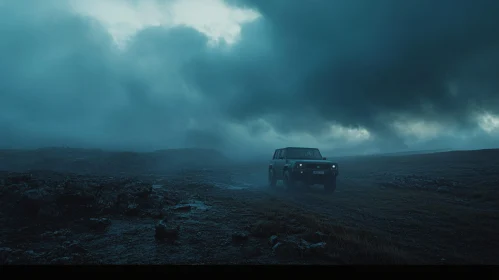 Off-Road Vehicle in Misty Terrain