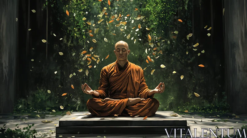 Zen Monk Meditating Under Falling Leaves