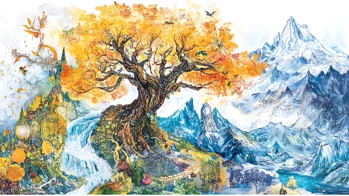 Fantasy Nature Scene with Autumn Tree and Mountains