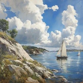 Coastal Sailing Scene with Cloudy Sky