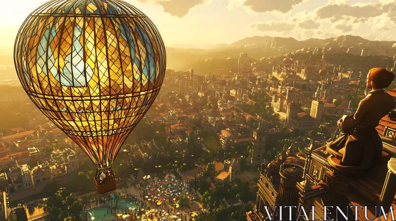 Aerial View of City with Balloon