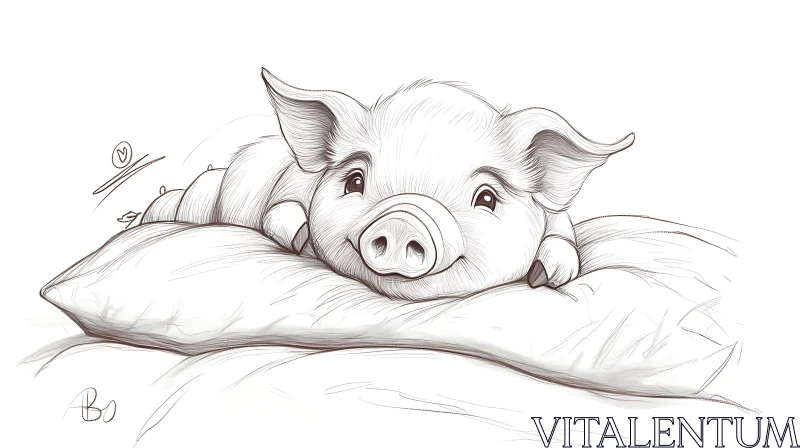 Cute Pig Sketch Resting on Pillow