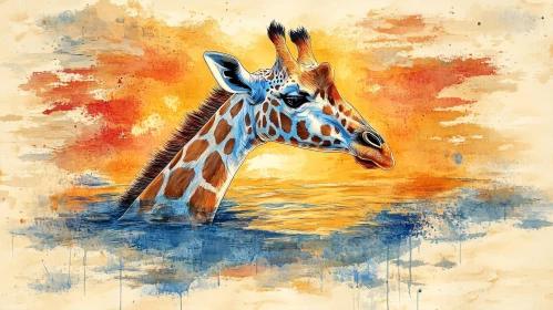 Watercolor Giraffe in Tranquil Sunset