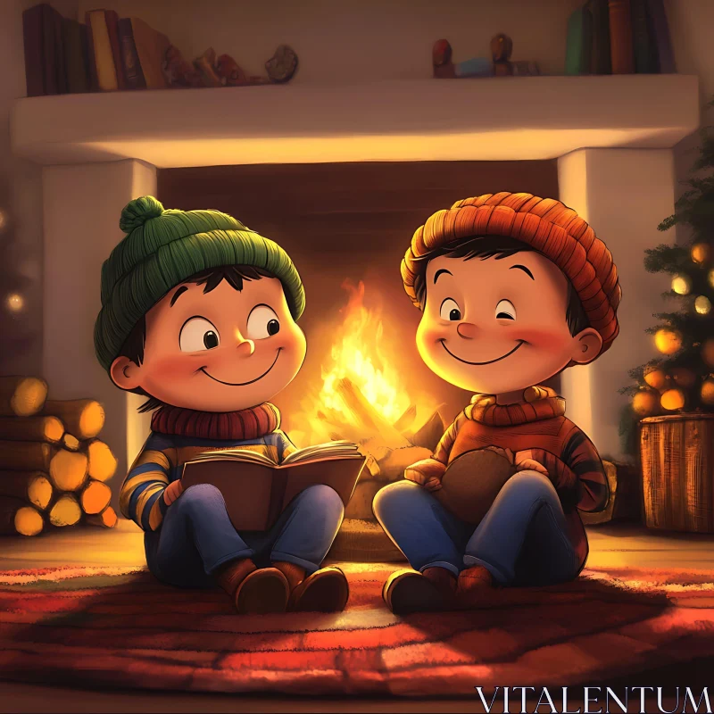 Kids Reading by Fireplace on Christmas