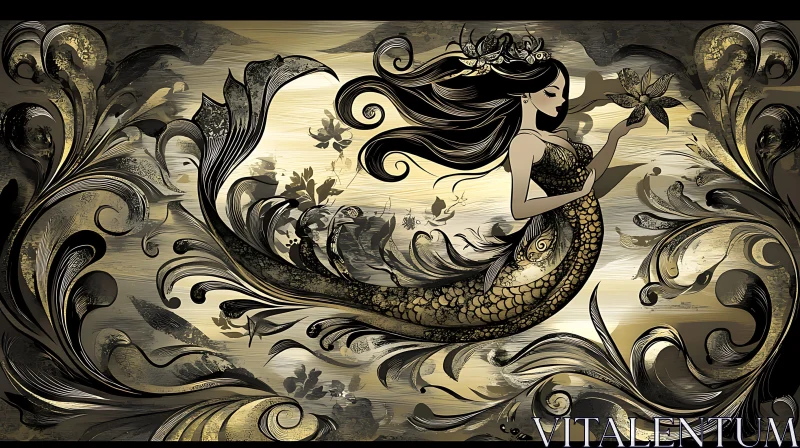 Vintage Mermaid with Flower Illustration