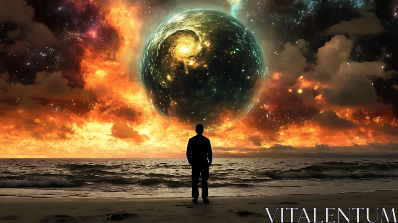 Man Staring at Planet on Beach