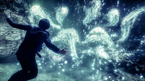 Glowing Spirits in Dark Cavern with Man