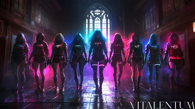 AI ART Gothic Interior with Neon Lit Women